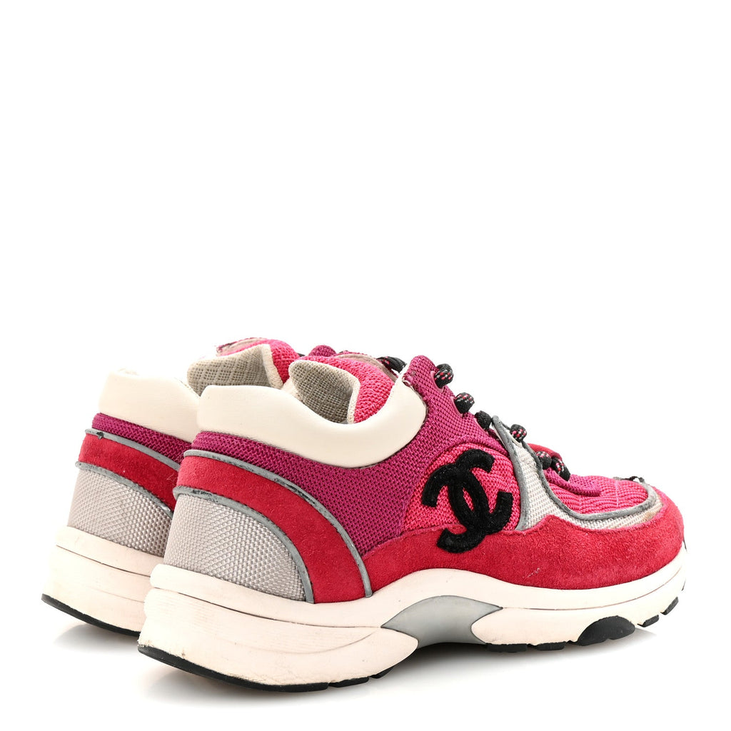 Mesh Suede Calfskin Womens CC Sneakers 35 Dark Pink Silver
