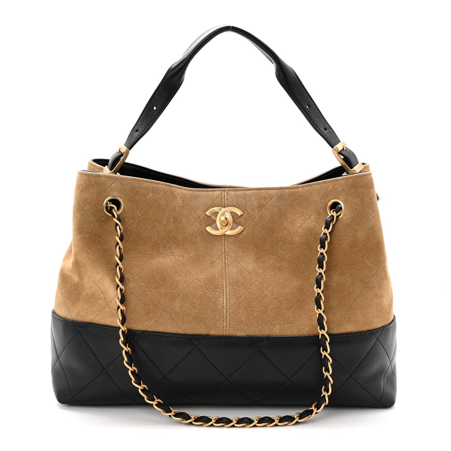 Chanel Suede Calfskin Shiny Lambskin Quilted Small Coco Base Shopping Bag Beige Black