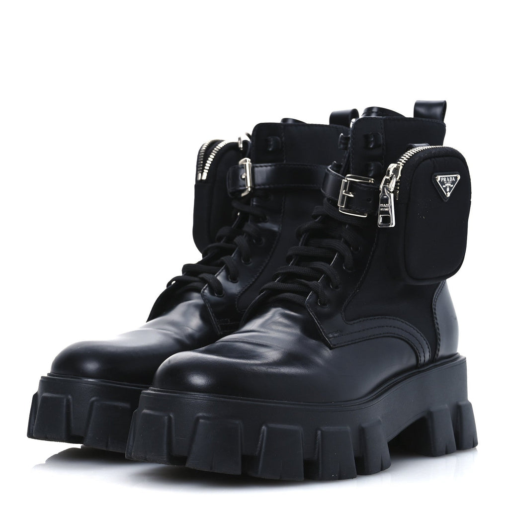 Prada Spazzolato Rois Re-Nylon Metal Triangle Logo Monolith Pouch Pocket 55mm Boots 41 Black