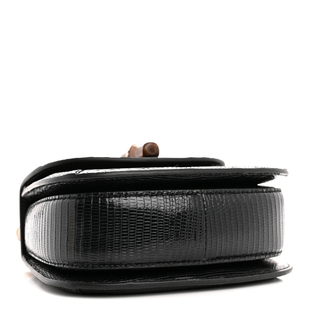 Gucci Sequin Lizard Embossed GG Mini Bamboo 1947 Top Handle Chain Bag Black White