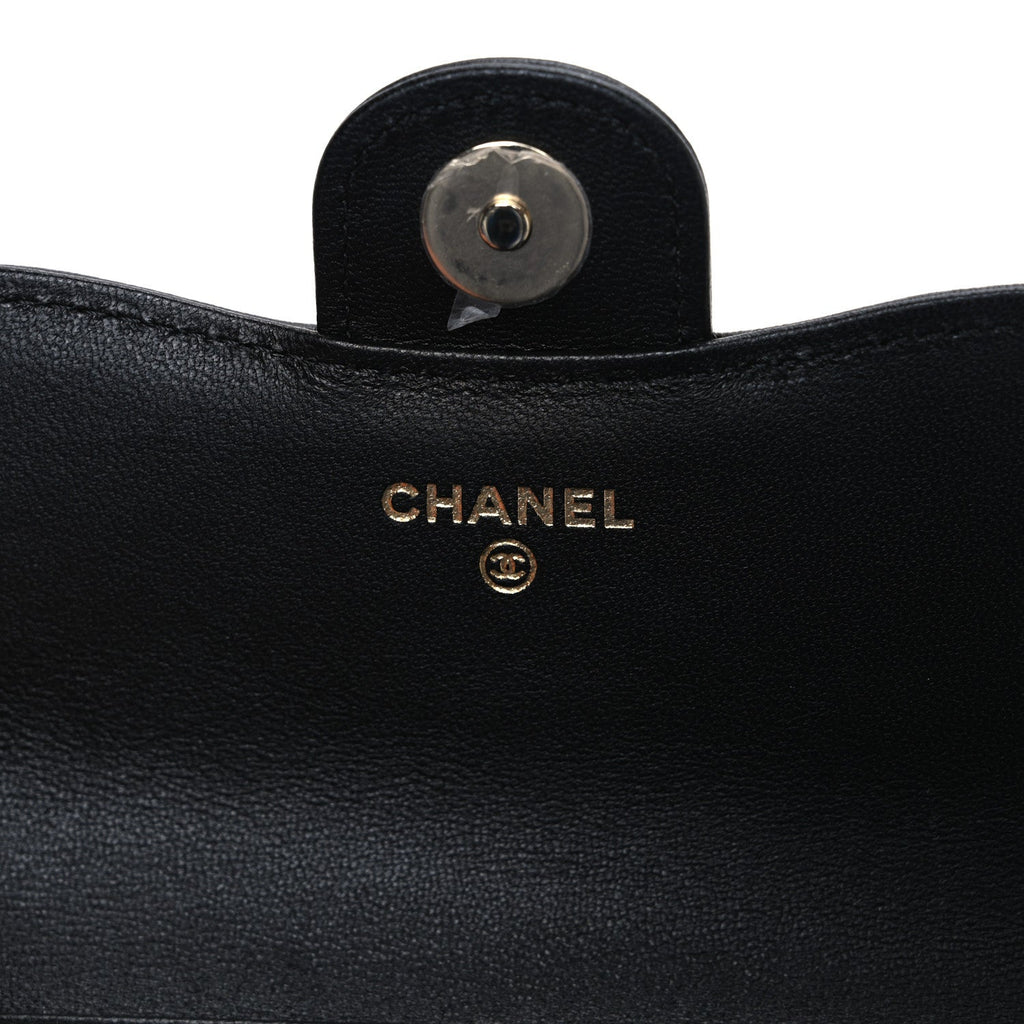 Chanel Lambskin Quilted Phone Holder Wallet With Chain Black Beige