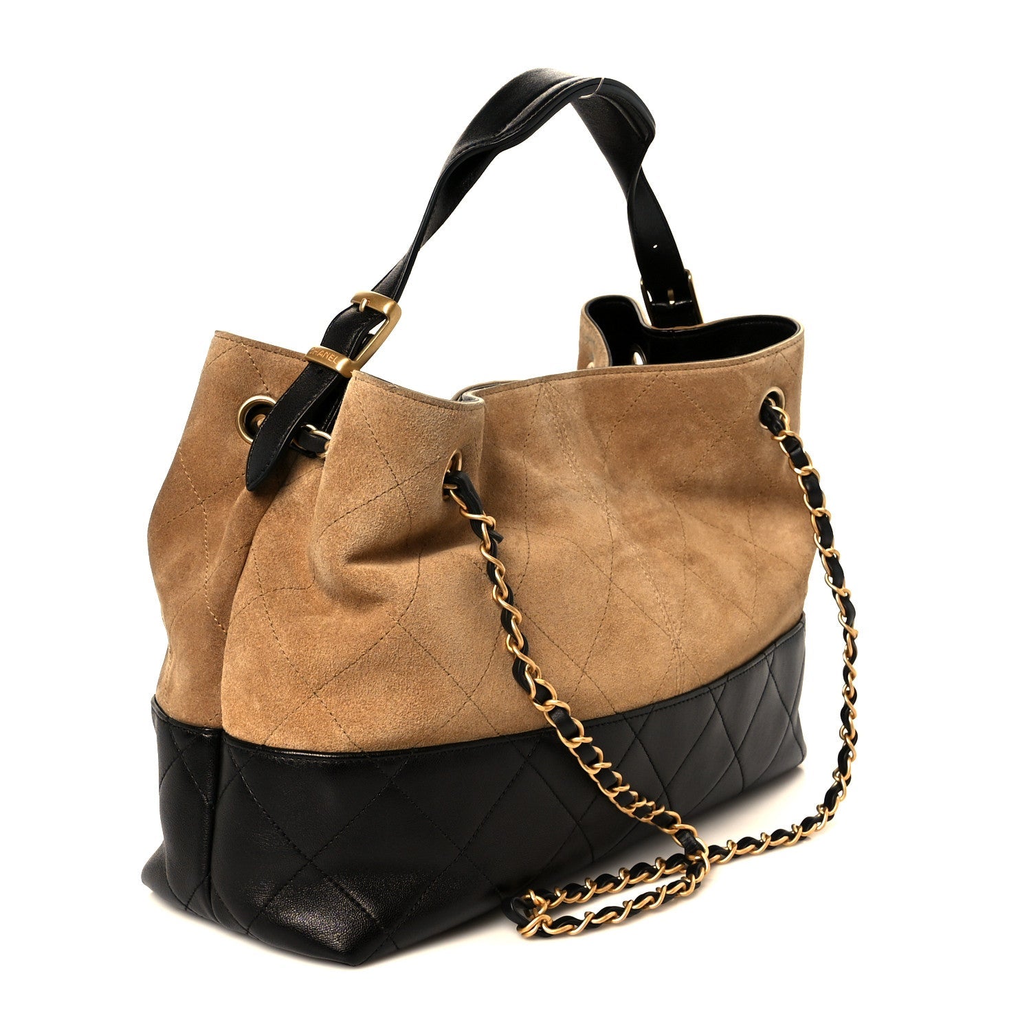 Chanel Suede Calfskin Shiny Lambskin Quilted Small Coco Base Shopping Bag Beige Black