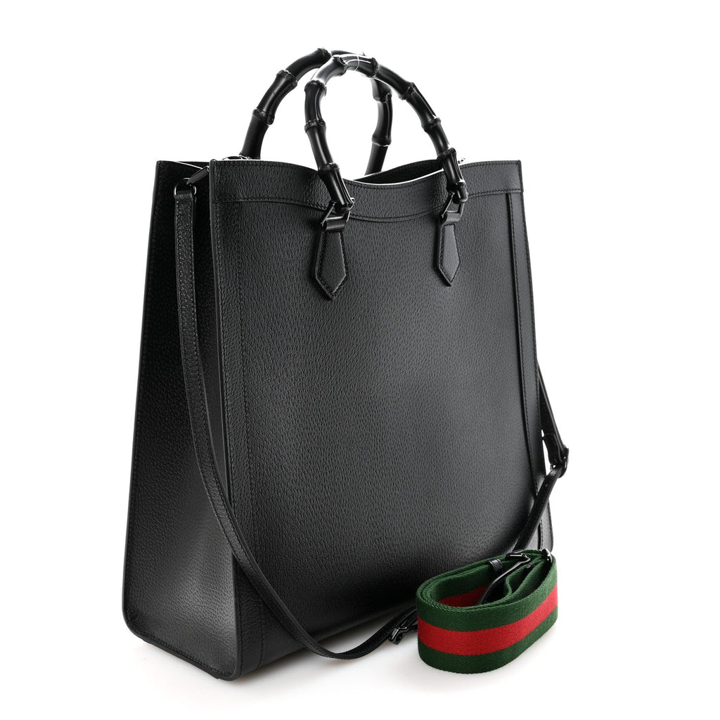 Gucci Textured Dollar Calfskin Web Monochrome Large Diana Tote Bag Black