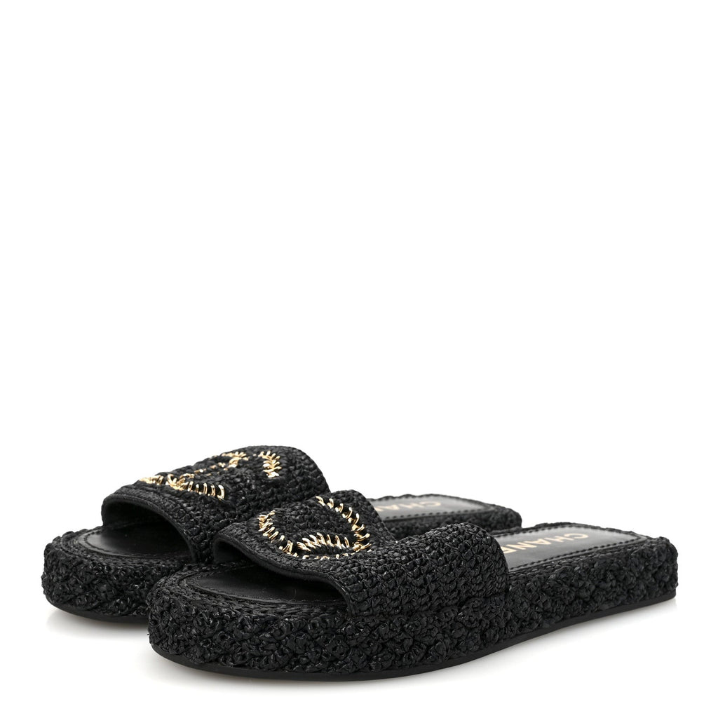 Braided Cord CC Espadrille Slip On Sandals 38 Black