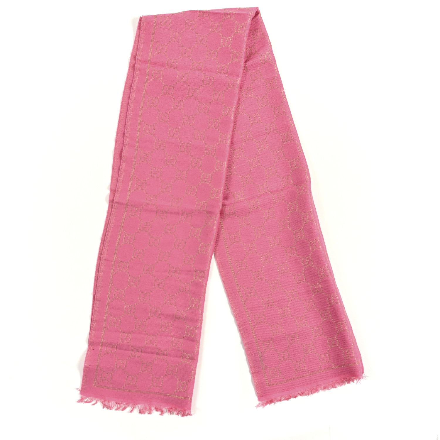 Gucci Wool Silk Lurex GG Monogram Bright G Fringe Scarf Fuxia