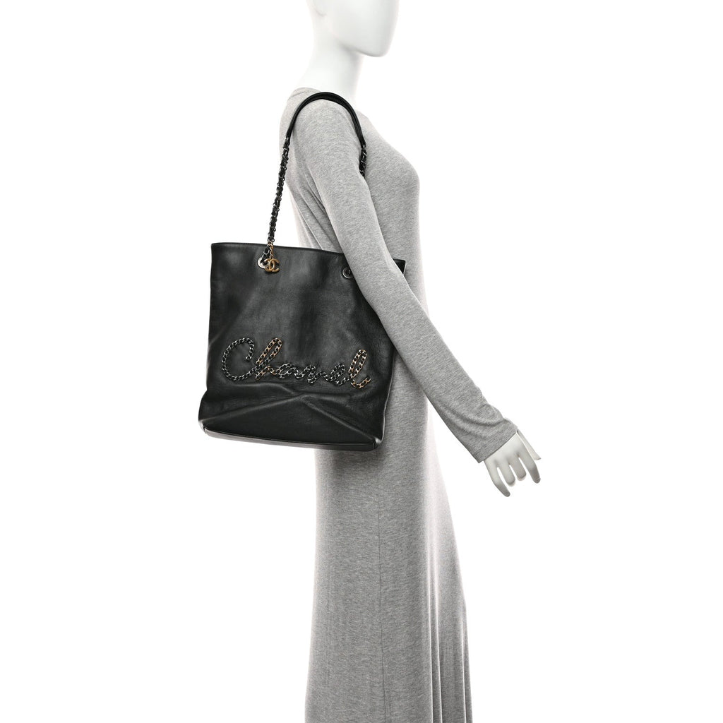 Chanel Calfskin Chain 20s Signature Tote Black