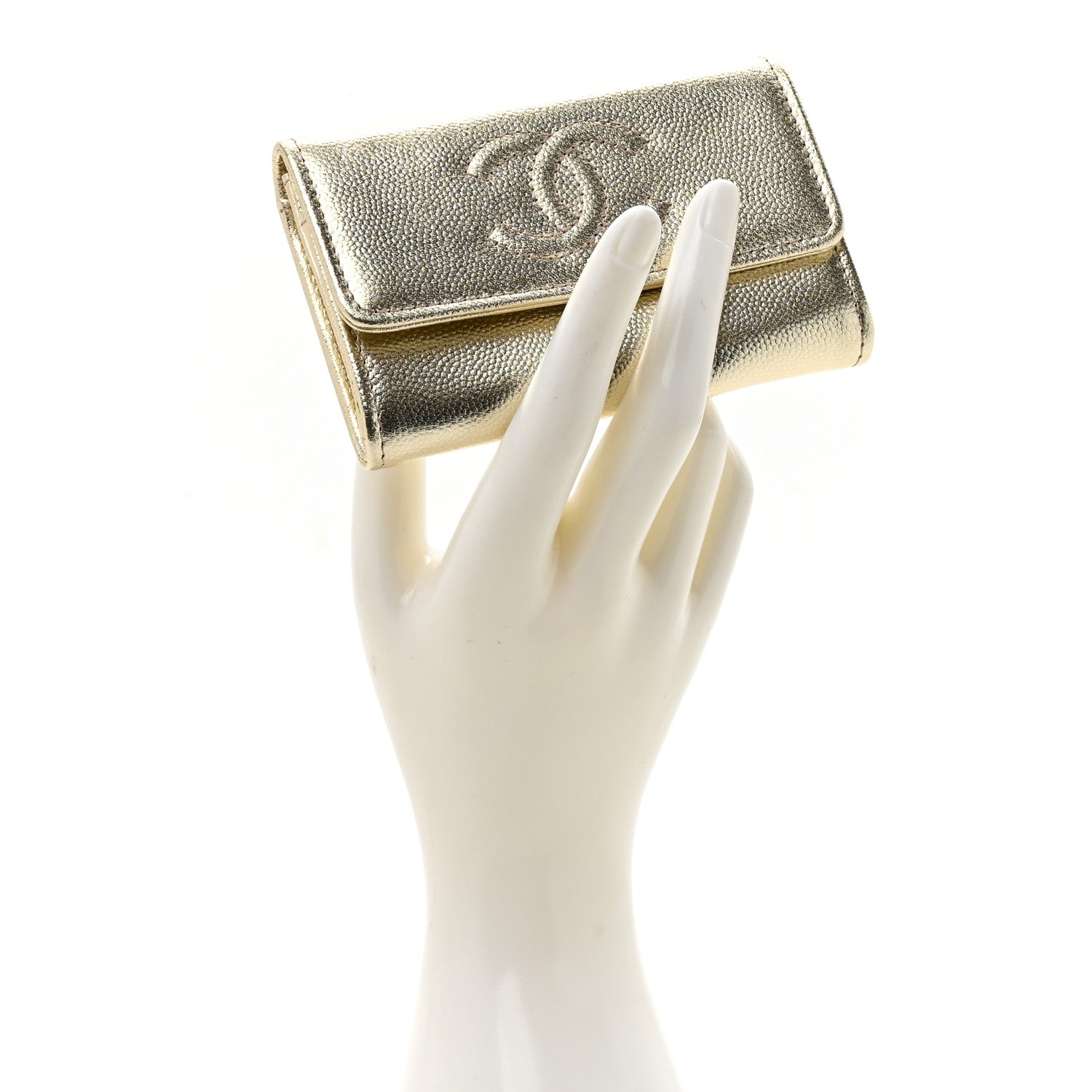 Metallic Caviar Quilted CC Flap Card Holder Gold