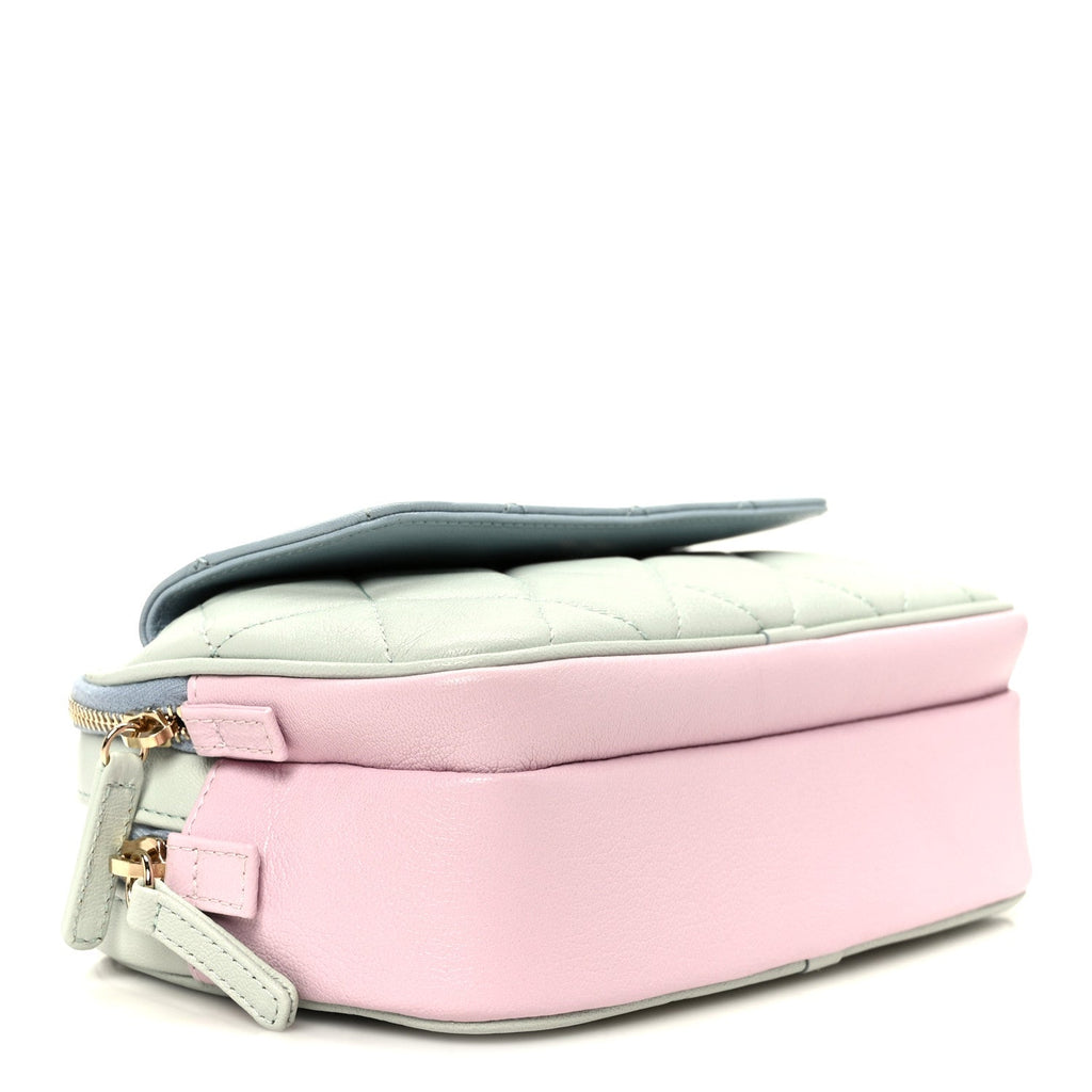 Chanel Goatskin Quilted Tri-Color In & Out Waist Bag Green Blue Pink