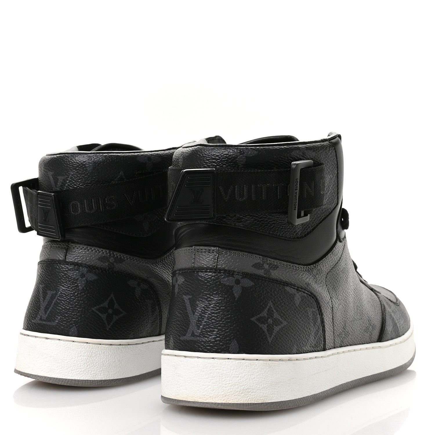Louis Vuitton Calfskin Monogram Eclipse Mens Rivoli High Top Sneakers 10 Black Grey