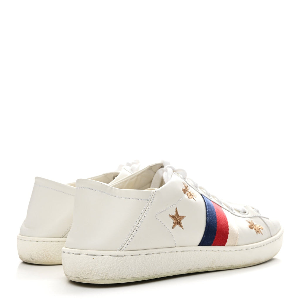 Gucci Calfskin Bee Star Embroidered Sylvie Web Ace Sneakers 37.5 White