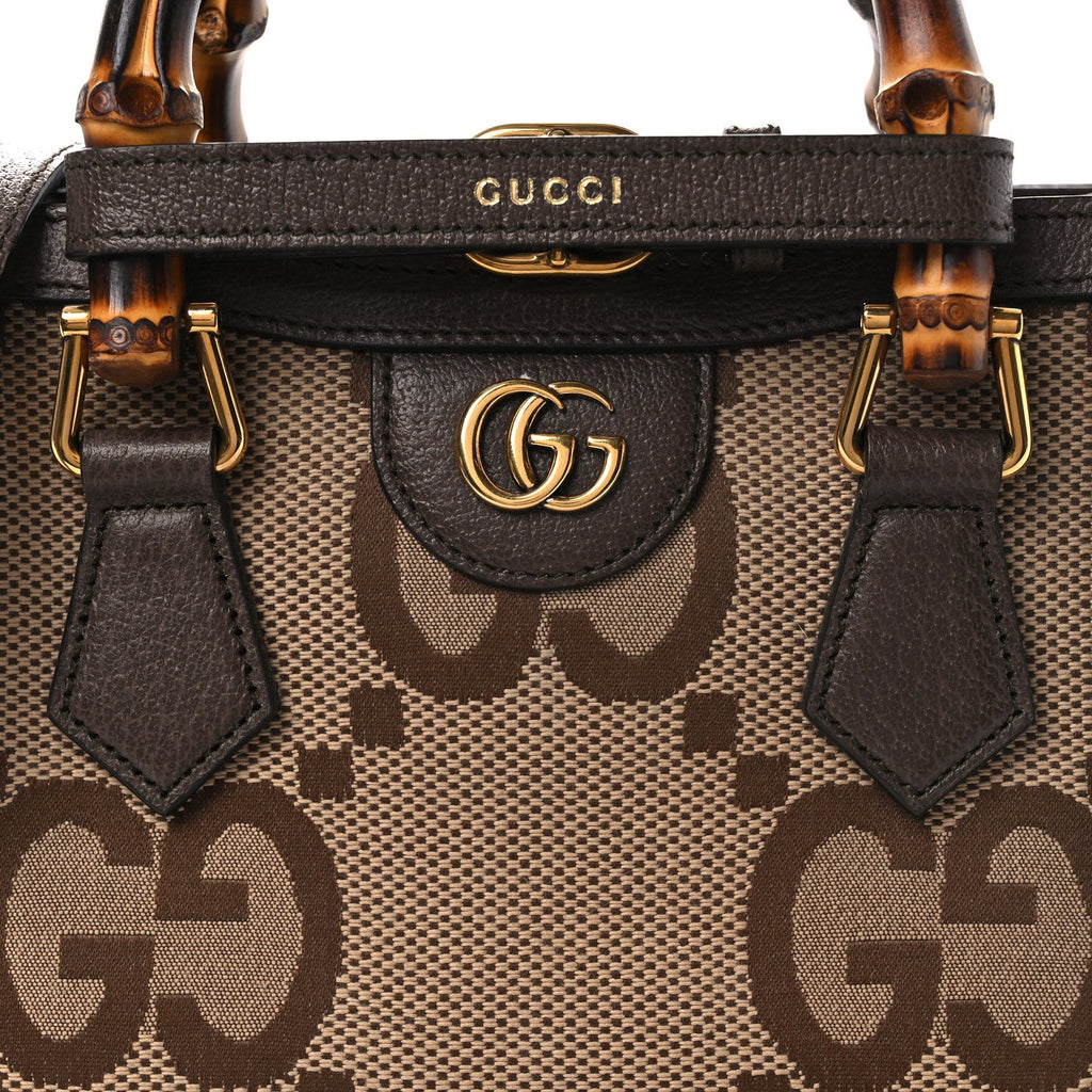 Gucci Monogram Jumbo GG Textured Dollar Calfskin Mini Diana Tote Bag Camel Ebony New Acero