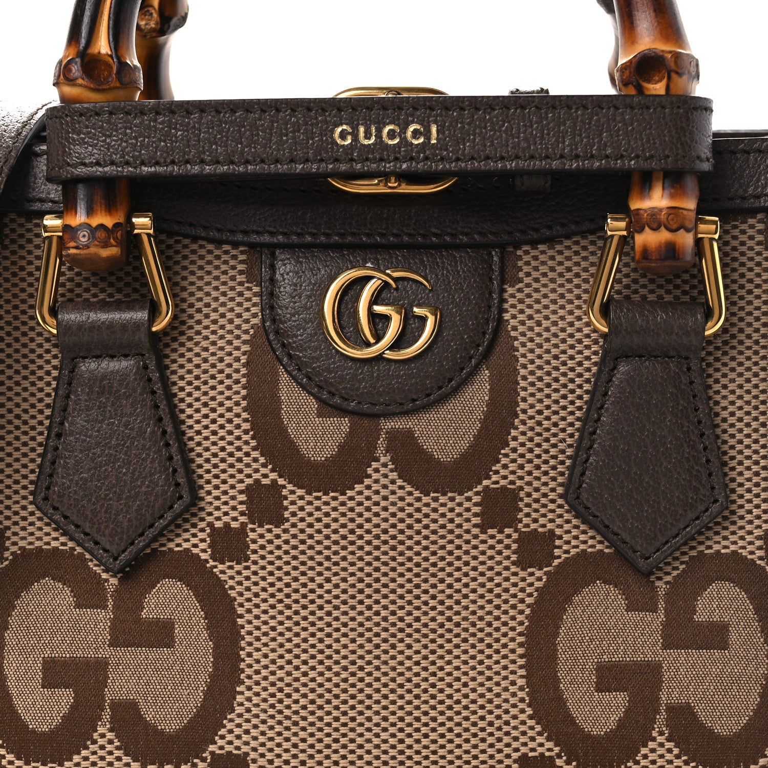 Gucci Monogram Jumbo GG Textured Dollar Calfskin Mini Diana Tote Bag Camel Ebony New Acero