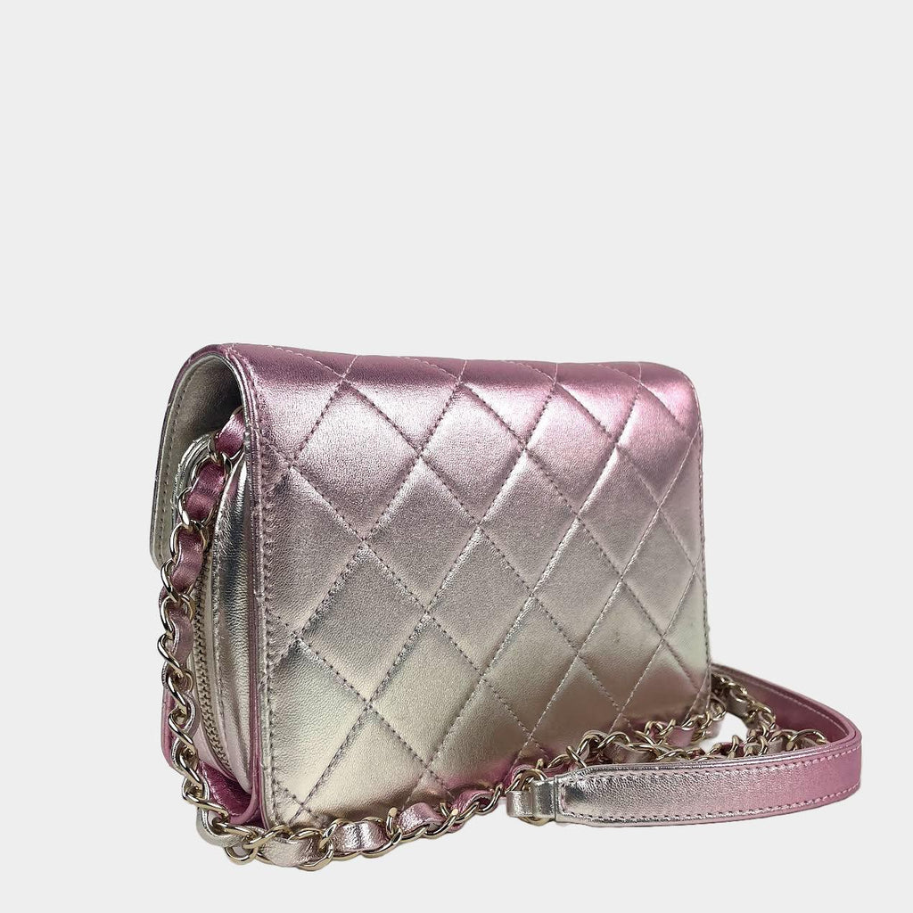 CHANEL Metallic Lambskin Like A Wallet Flap Golden Pink