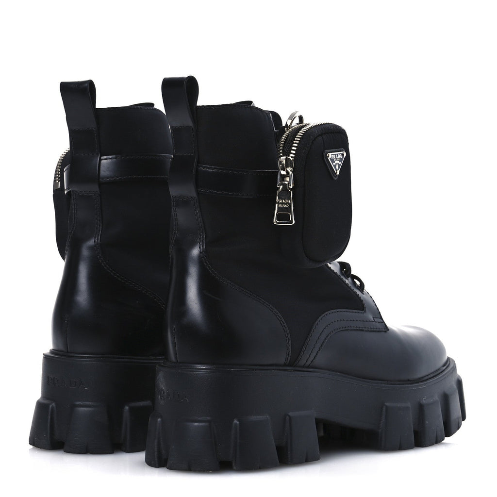 Prada Spazzolato Rois Re-Nylon Metal Triangle Logo Monolith Pouch Pocket 55mm Boots 41 Black