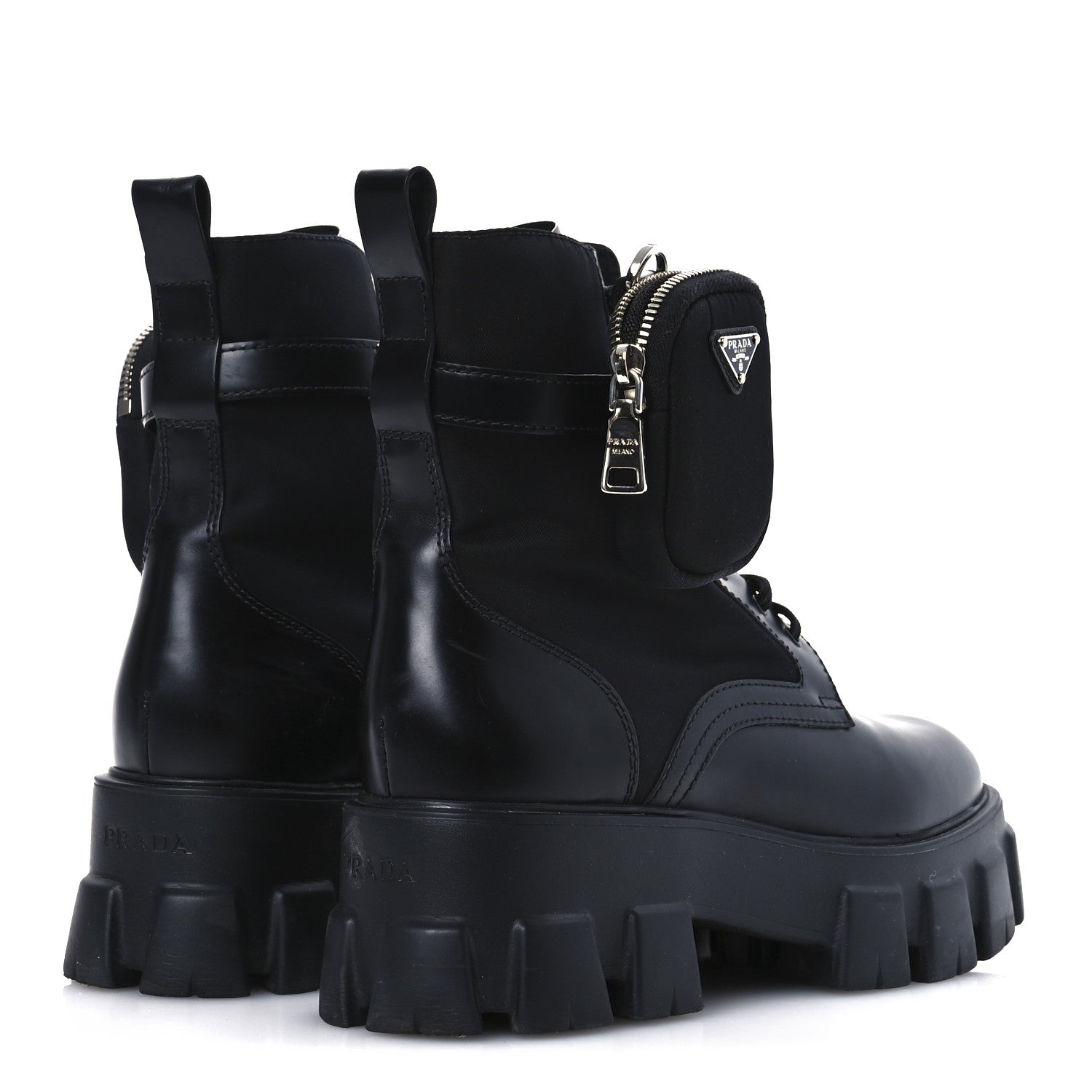 Prada Spazzolato Rois Re-Nylon Metal Triangle Logo Monolith Pouch Pocket 55mm Boots 41 Black