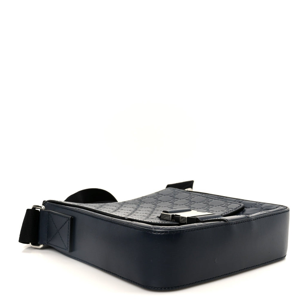 Gucci Guccissima Signature Single Buckle Flap Messenger Bag Navy