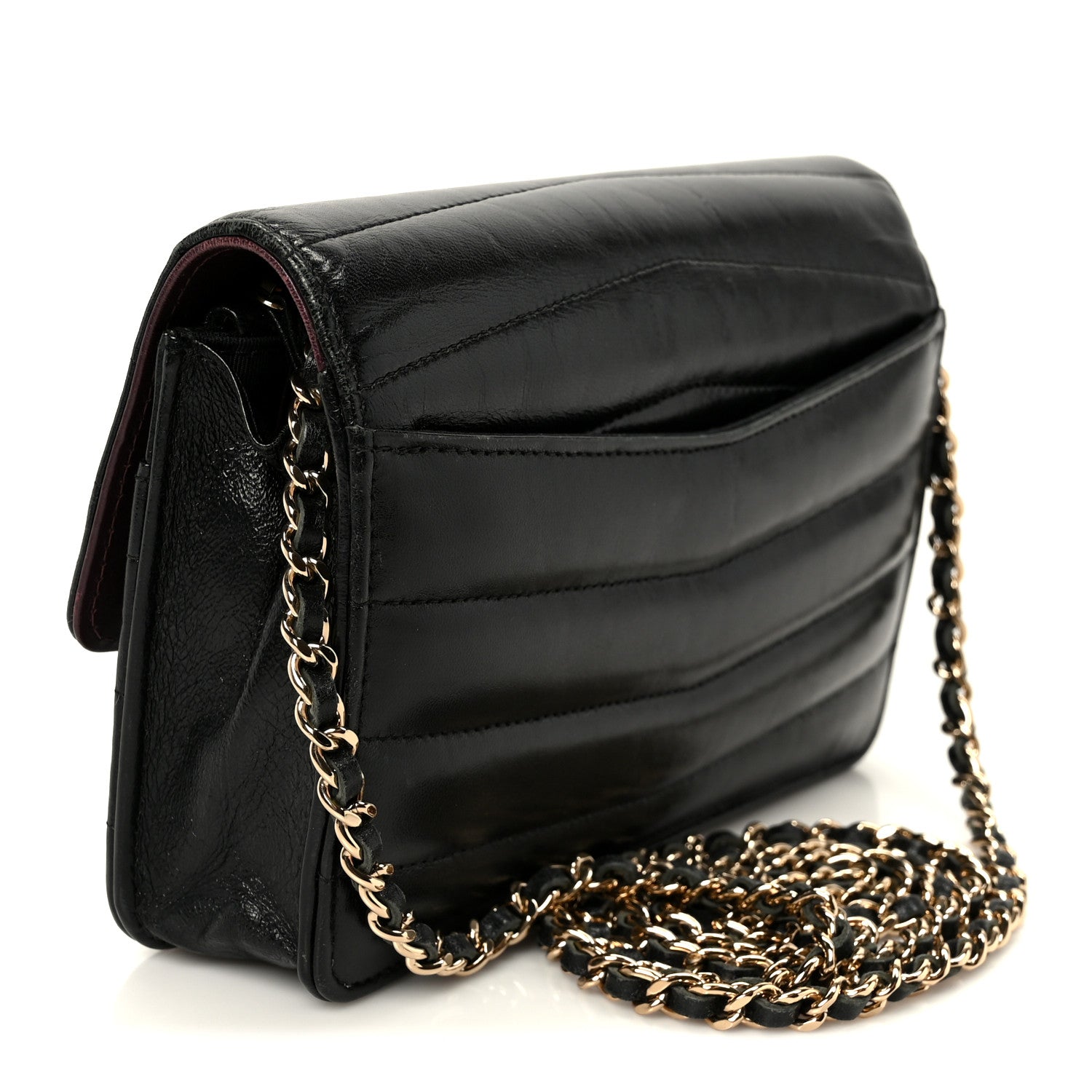 Chanel Lambskin Chevron Quilted Wallet On Chain WOC Black