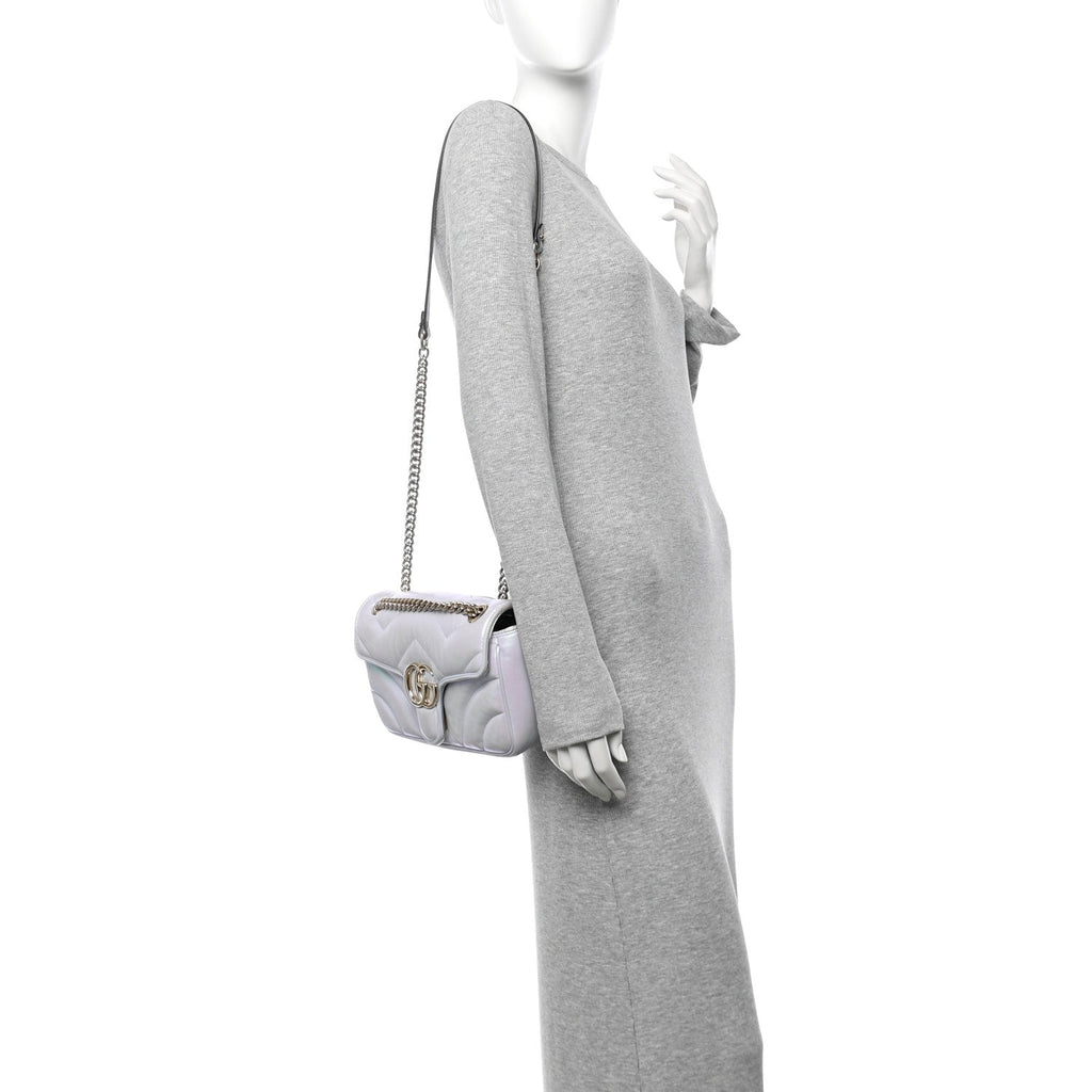 Gucci Iridescent Nappa Chevron Matelasse Small GG Marmont Shoulder Bag Iridescent Snow Light Blue