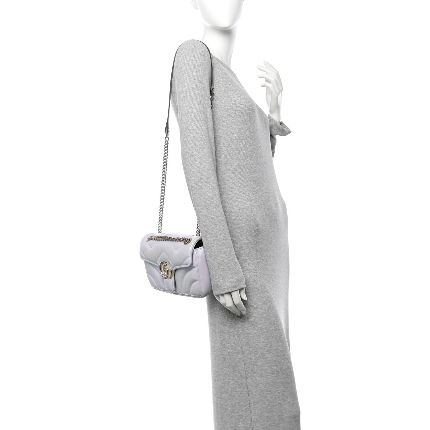 Gucci Iridescent Nappa Chevron Matelasse Small GG Marmont Shoulder Bag Iridescent Snow Light Blue