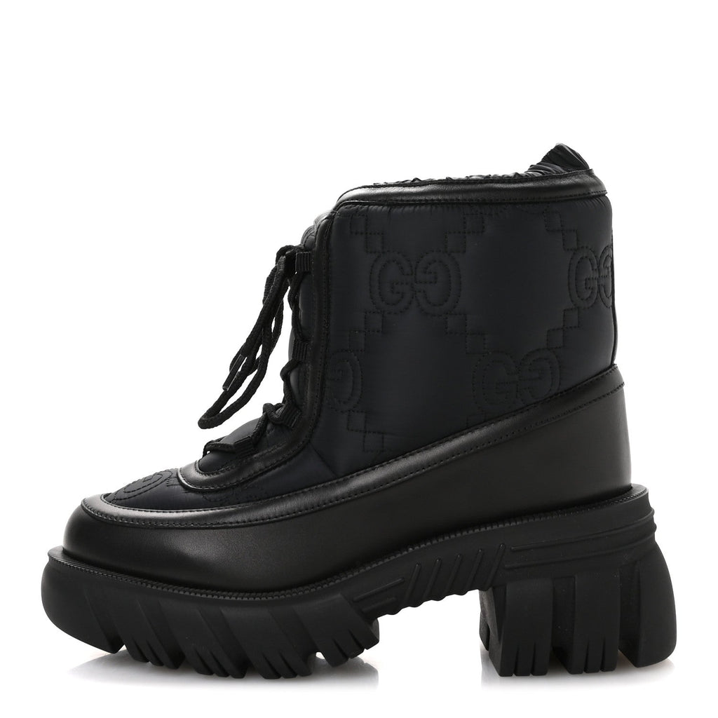 Gucci Nylon Calfskin GG Matelasse Lace Up Platform Ankle Boots 37 Black