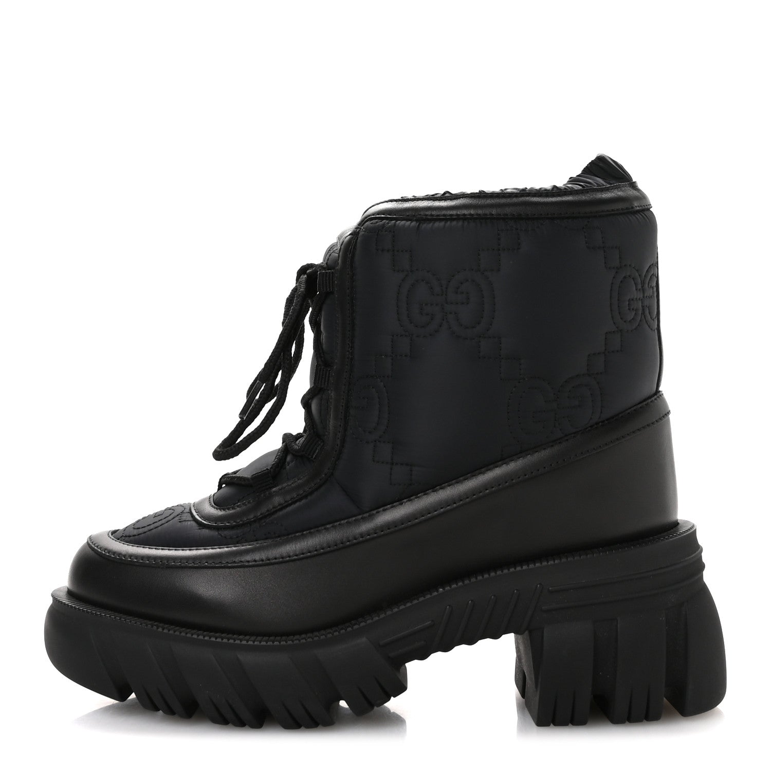Gucci Nylon Calfskin GG Matelasse Lace Up Platform Ankle Boots 37 Black