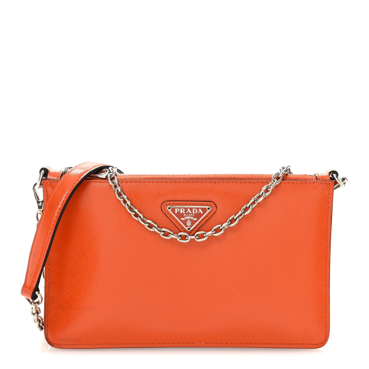 Prada Saffiano Vernice Chain Crossbody Bag Papaya
