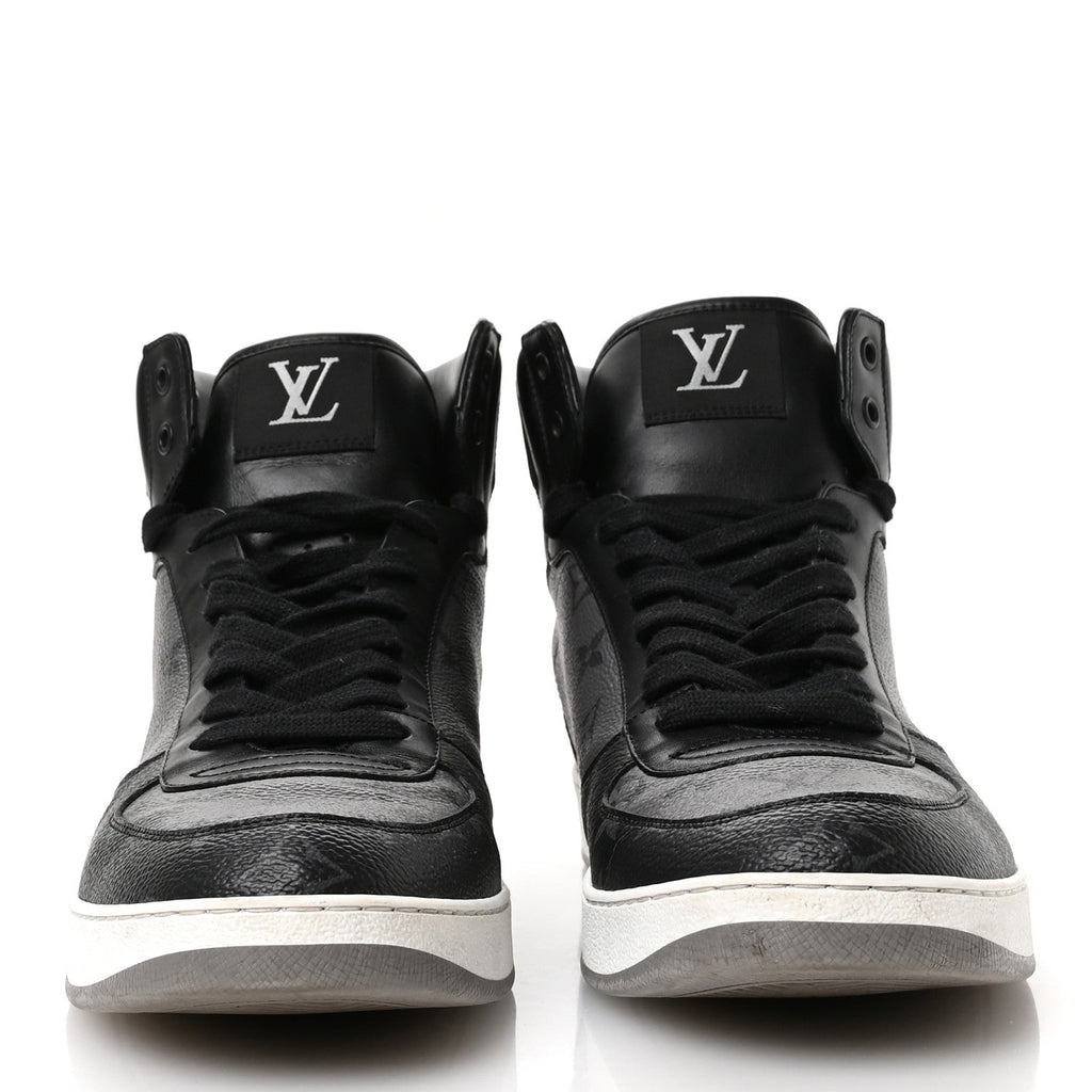 Louis Vuitton Calfskin Monogram Eclipse Mens Rivoli High Top Sneakers 10 Black Grey