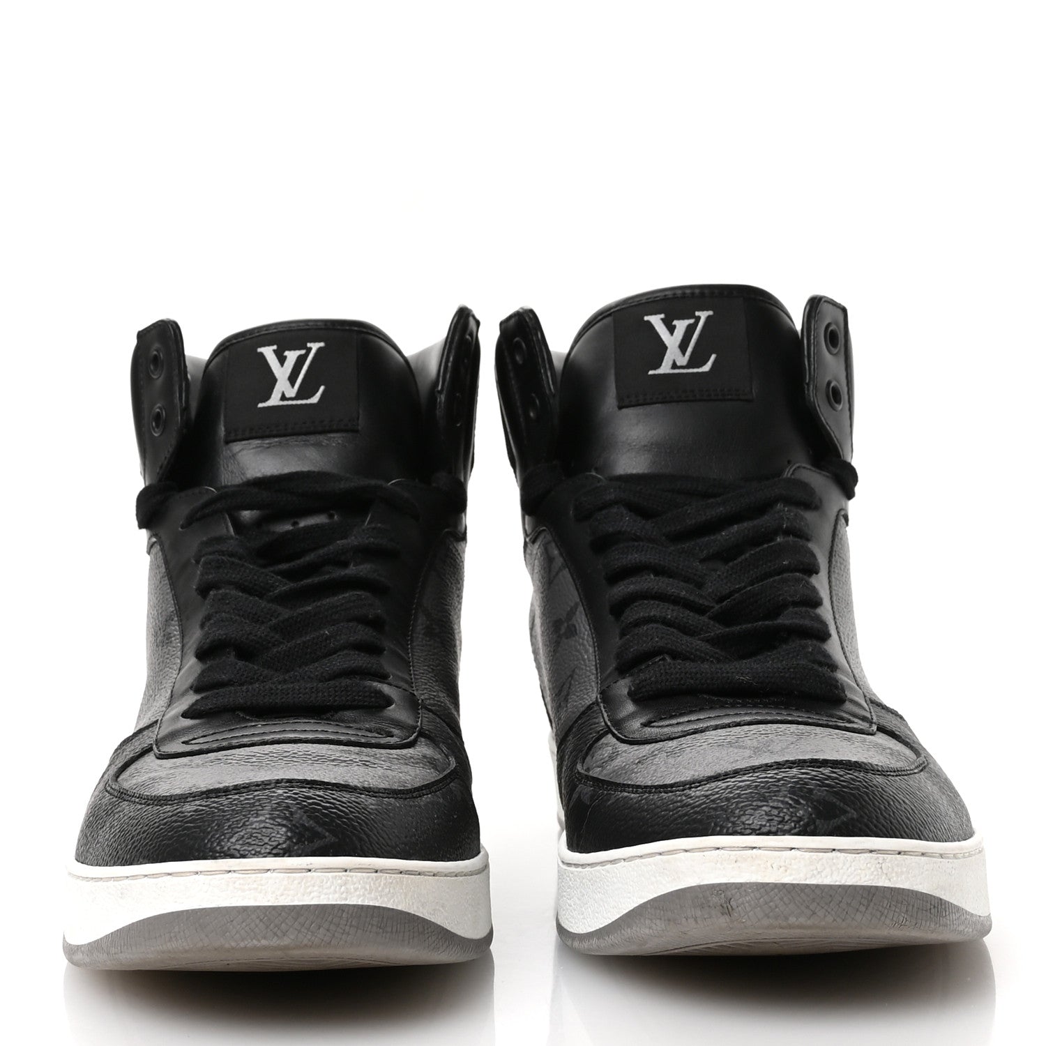 Louis Vuitton Calfskin Monogram Eclipse Mens Rivoli High Top Sneakers 10 Black Grey