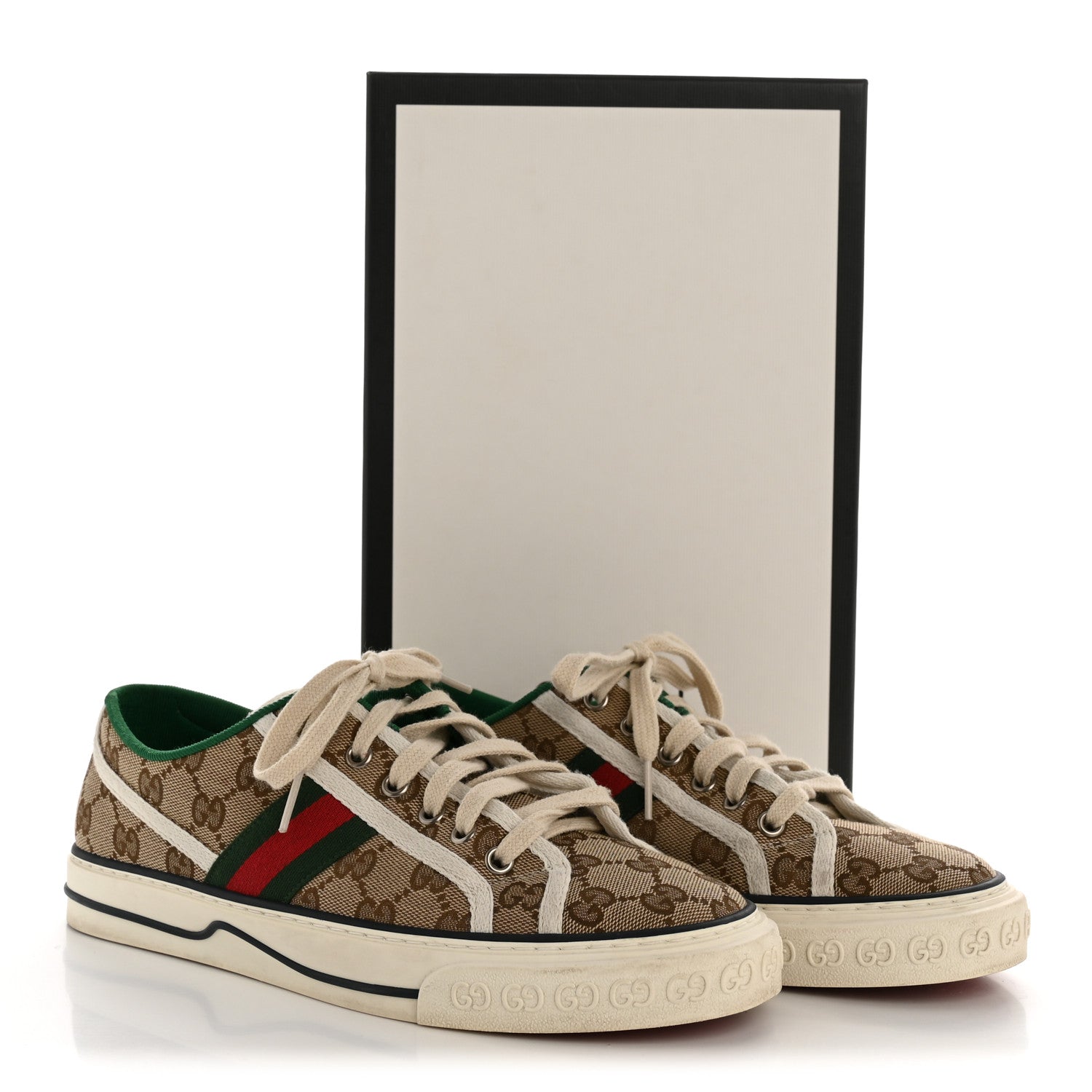 Gucci GG Monogram Web Womens 1977 Tennis Sneakers 40.5 Beige Ebony Mystic White