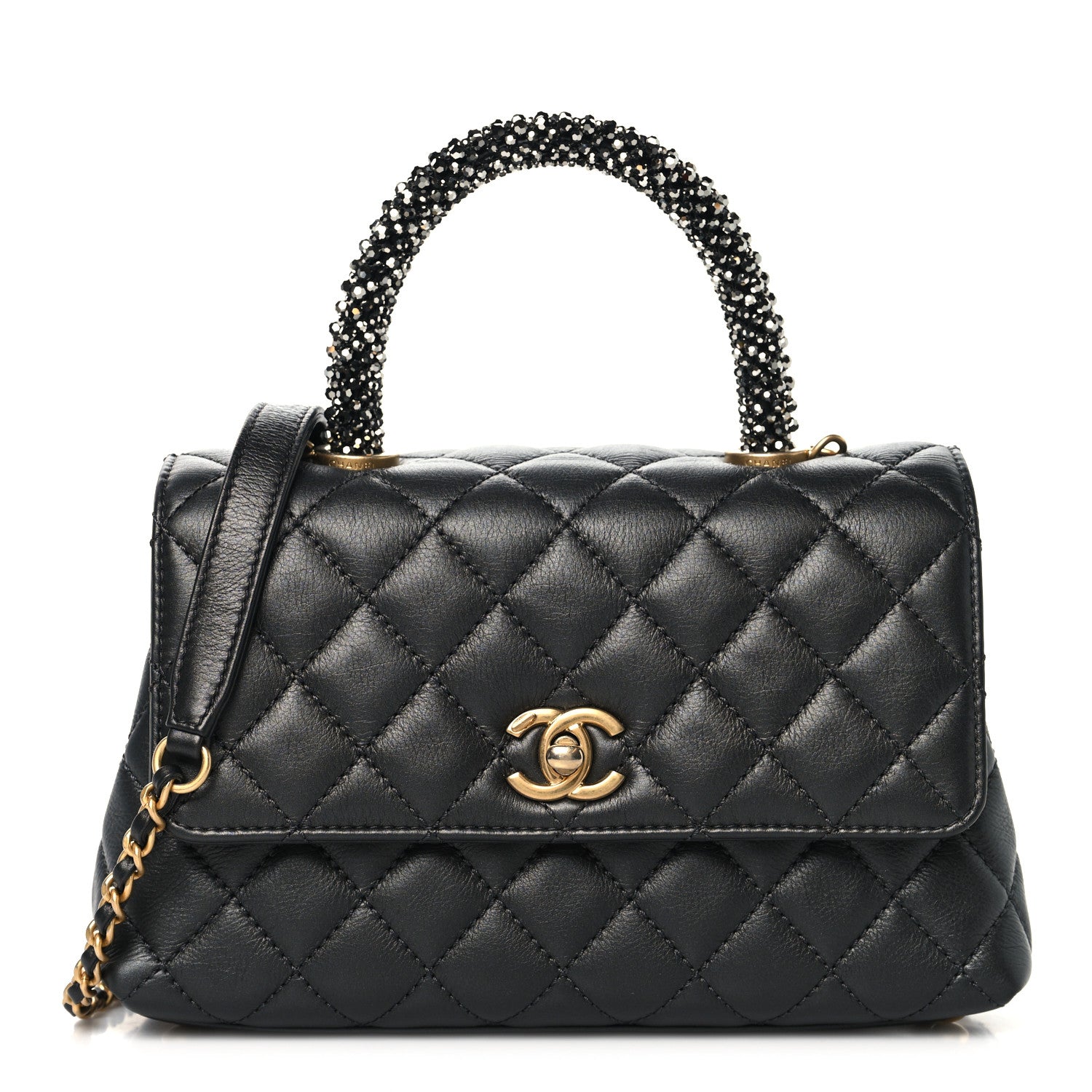Chanel Calfskin Strass Quilted Mini Coco Handle Flap Dark Silver