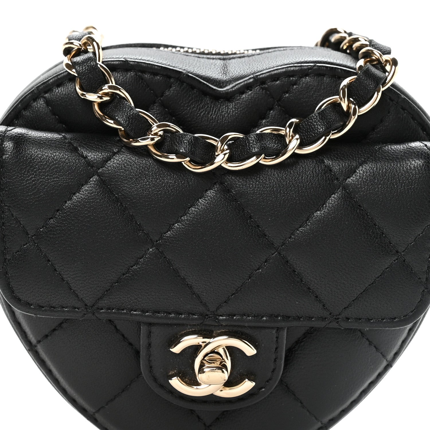Chanel Lambskin Quilted CC In Love Heart Waist Belt Bag With Chain Black