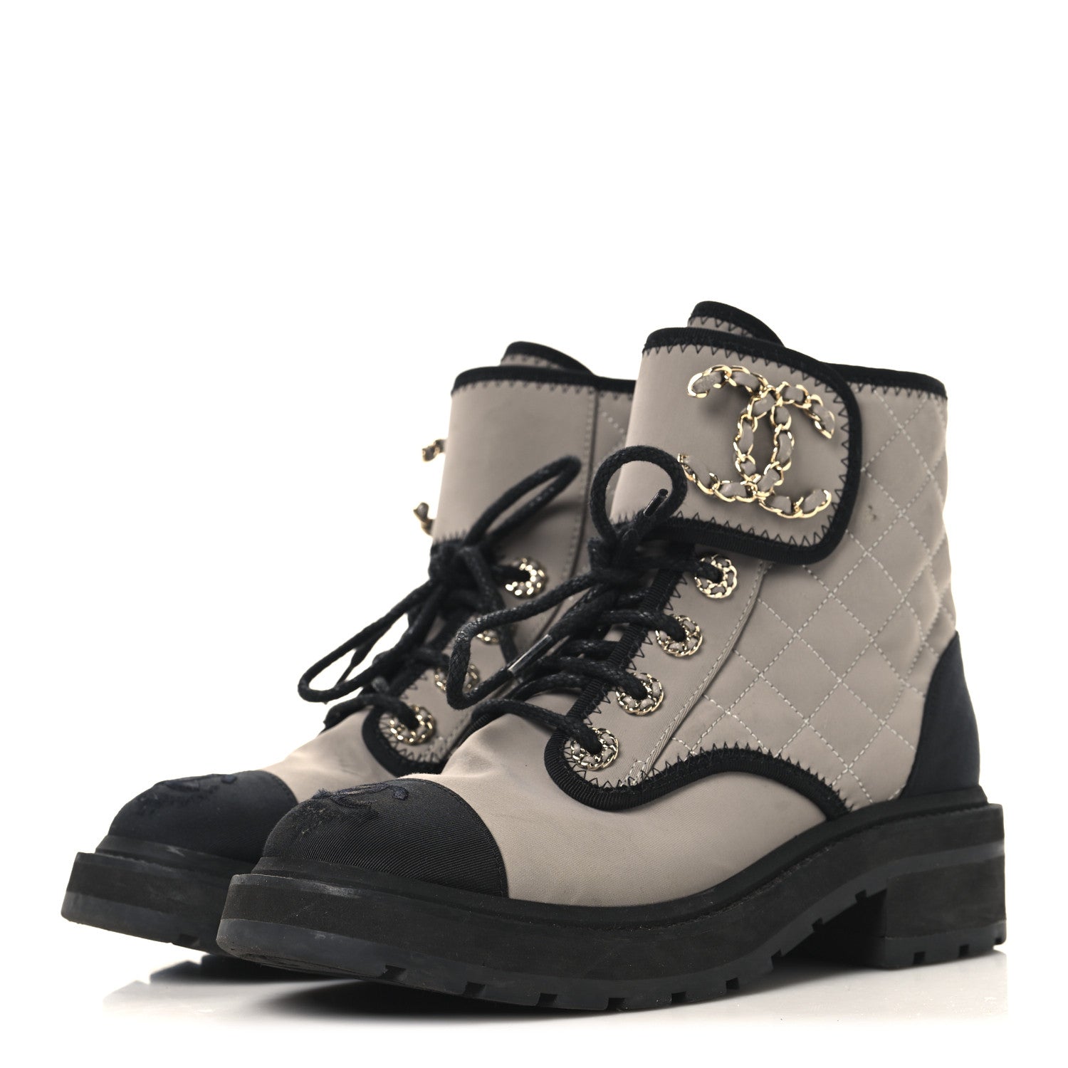 Fabric Grosgrain Lambskin Quilted Lace Up Combat Boot 36 Gray