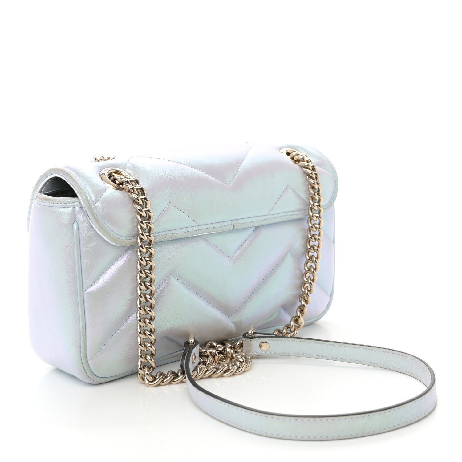 Gucci Iridescent Nappa Chevron Matelasse Small GG Marmont Shoulder Bag Iridescent Snow Light Blue