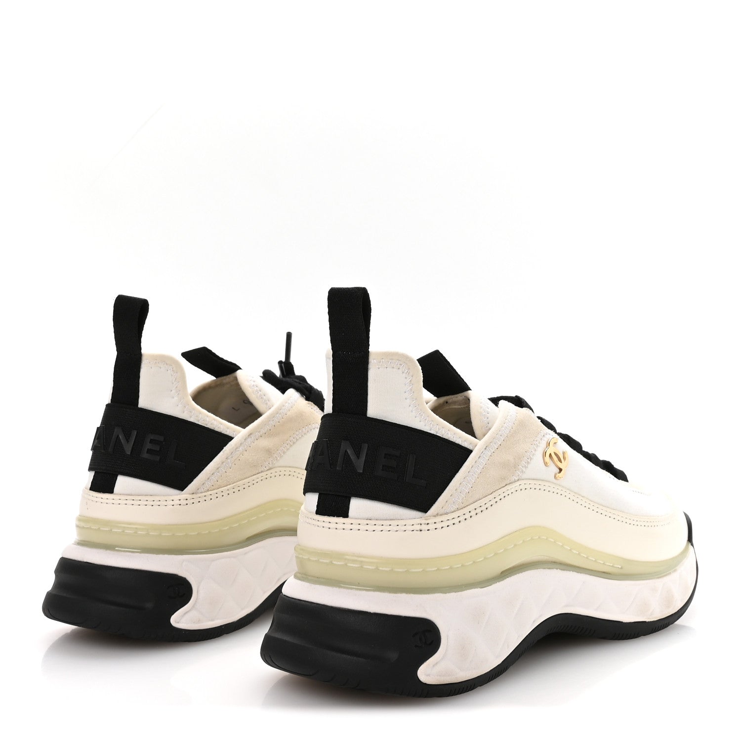 Chanel Velvet Calfskin Mixed Fibers CC Sneakers 37 Ivory Black