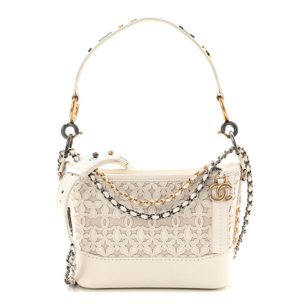 Chanel Calfskin Wool Felt Embossed Small Gabrielle Logo Hobo White