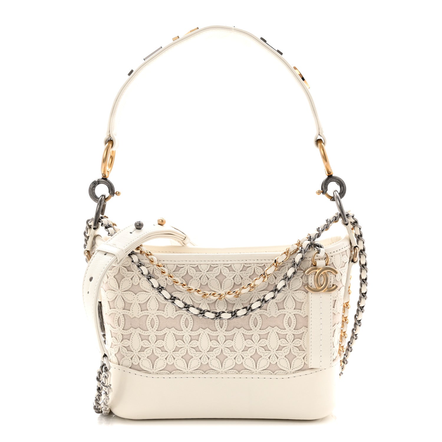 Chanel Calfskin Wool Felt Embossed Small Gabrielle Logo Hobo White