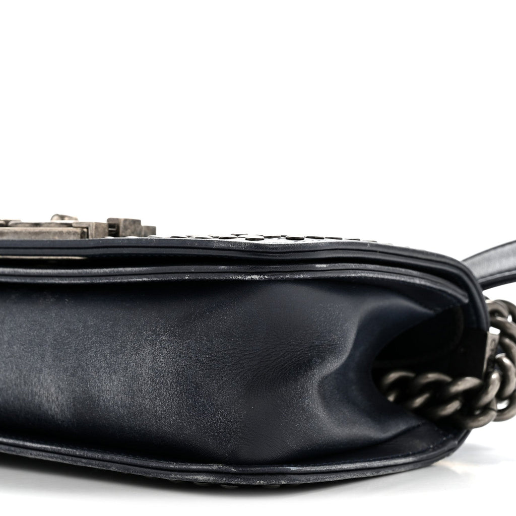 Chanel Faded Calfskin Quilted Small Studded Boy Flap Navy