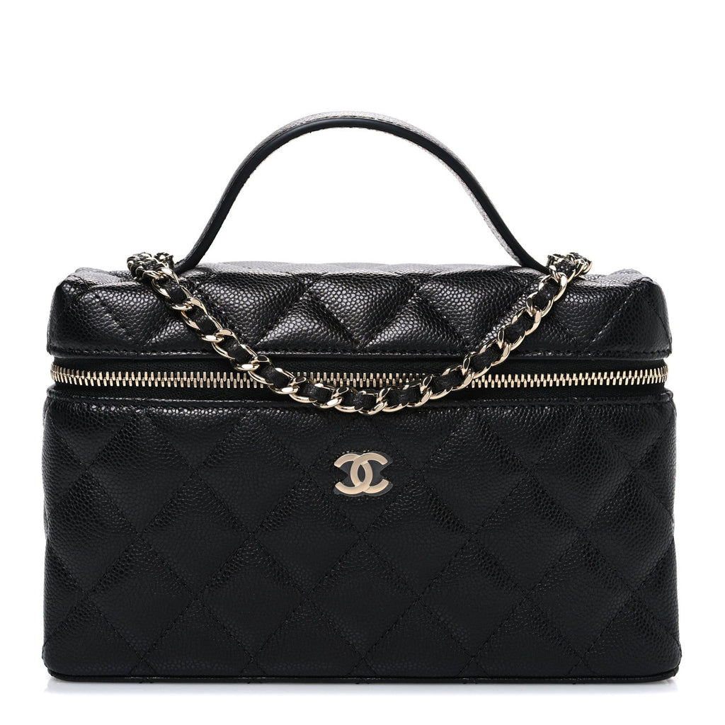 Chanel Caviar Quilted Top Handle Slim Vanity With Chain Black