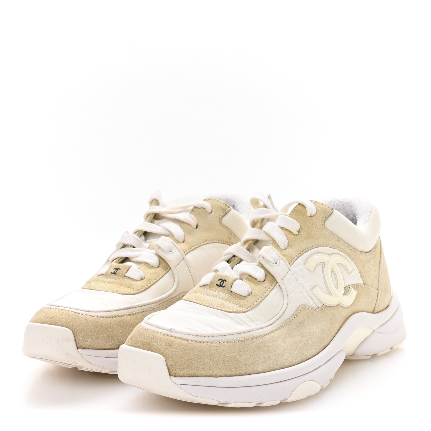 Chanel Suede Calfskin Fabric CC Sneakers 37.5 White