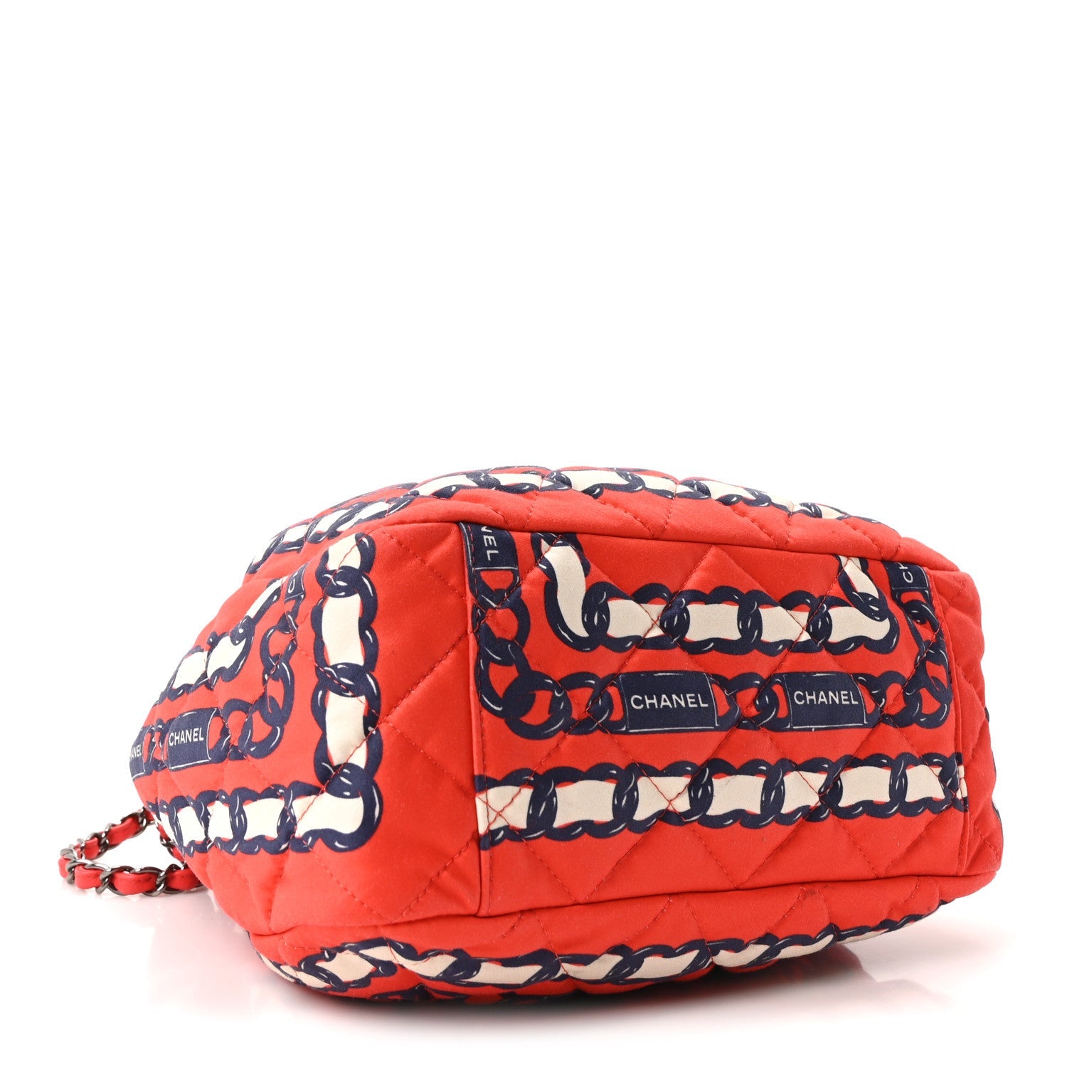 Chanel Silk Quilted Chain Printed Bucket Bag Red
