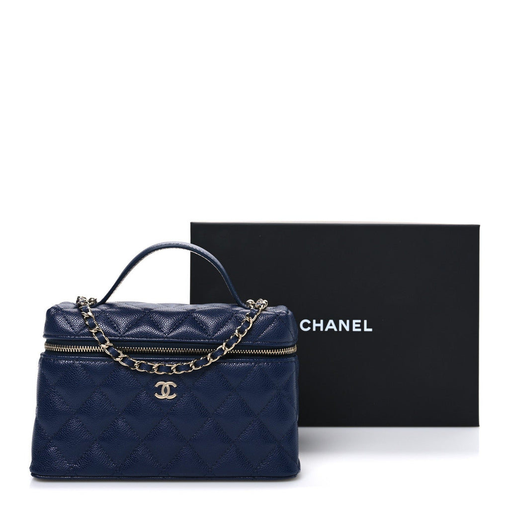 Chanel Caviar Quilted Top Handle Slim Vanity With Chain Navy