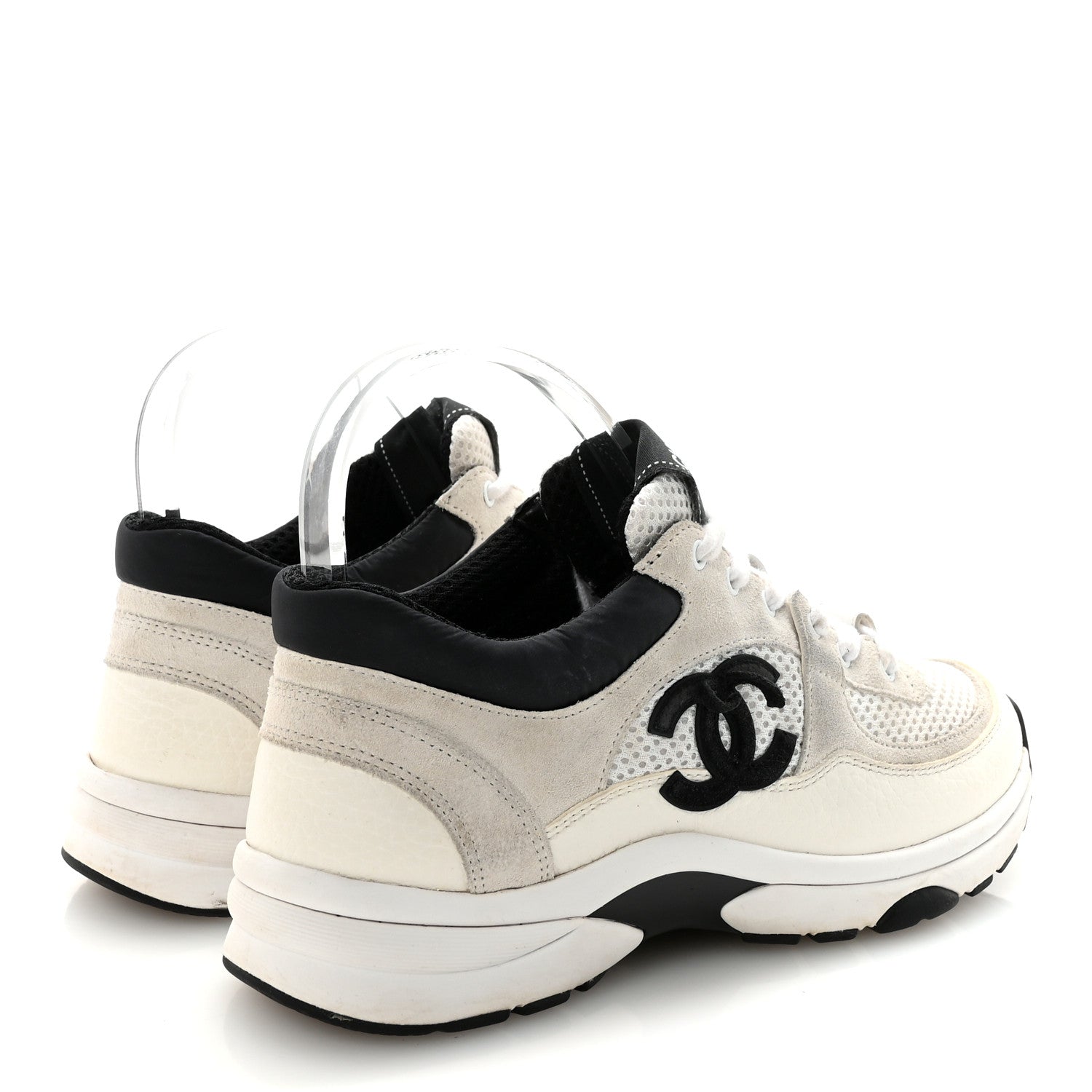 Mesh Suede Calfskin Grained Calfskin Womens CC Sneakers 36 White Black