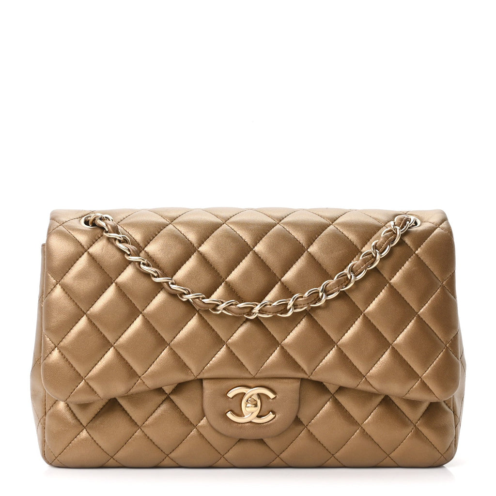 Chanel Metallic Lambskin Quilted Jumbo Double Flap Khaki
