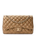 Chanel Metallic Lambskin Quilted Jumbo Double Flap Khaki