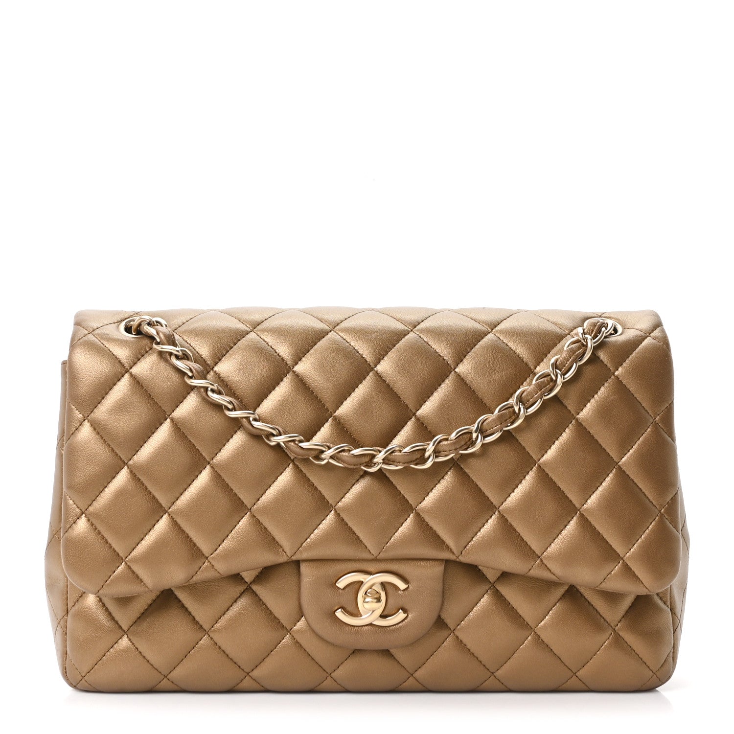 Chanel Metallic Lambskin Quilted Jumbo Double Flap Khaki