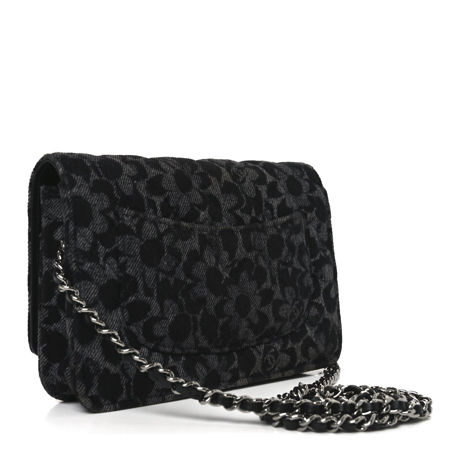 Chanel Printed Denim Quilted Flower Wallet On Chain WOC Black