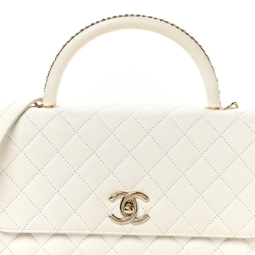 Chanel Caviar Quilted Small Chain Coco Handle Flap White