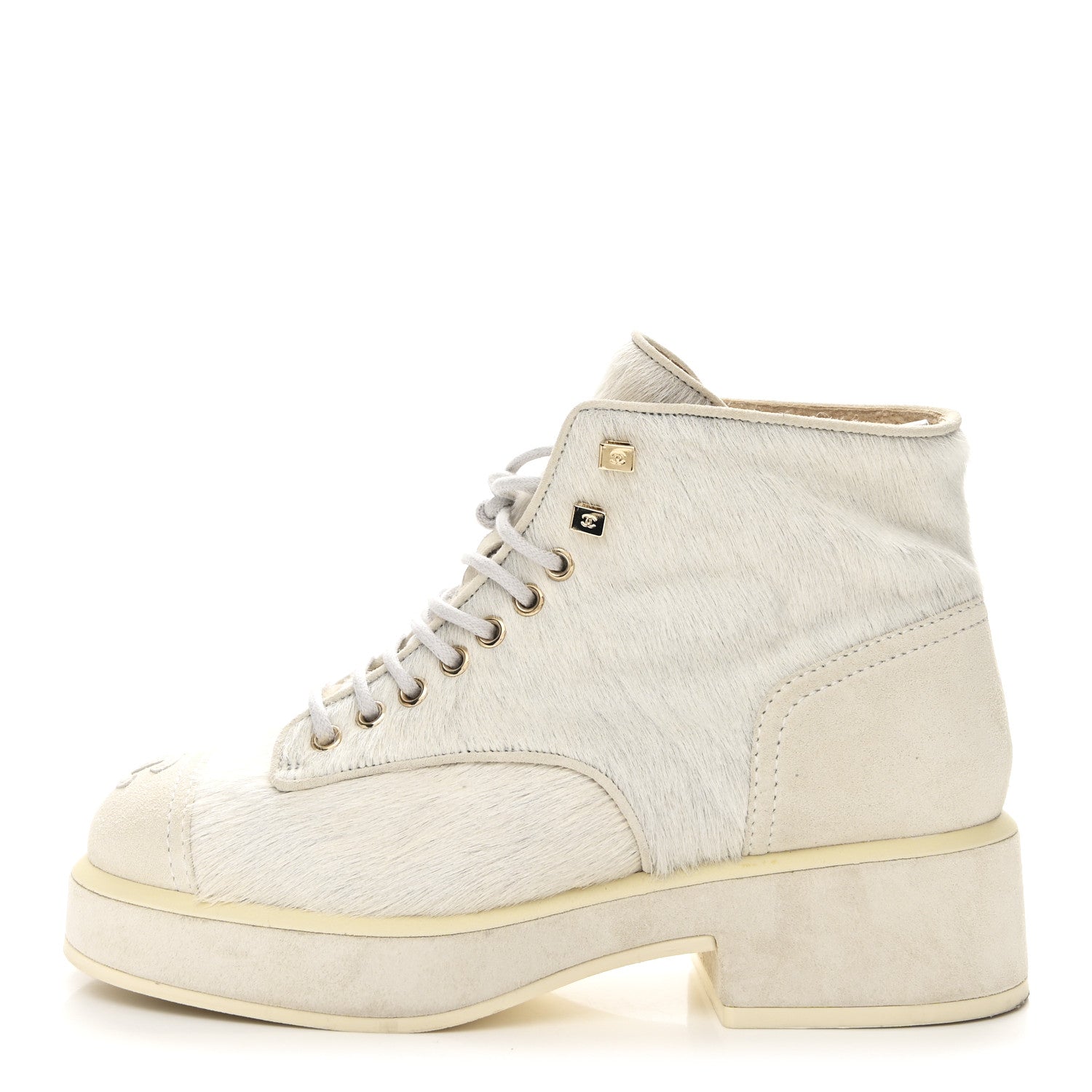 Chanel Suede Pony Hair Shearling Lace Up Combat Boots 37.5 White Black