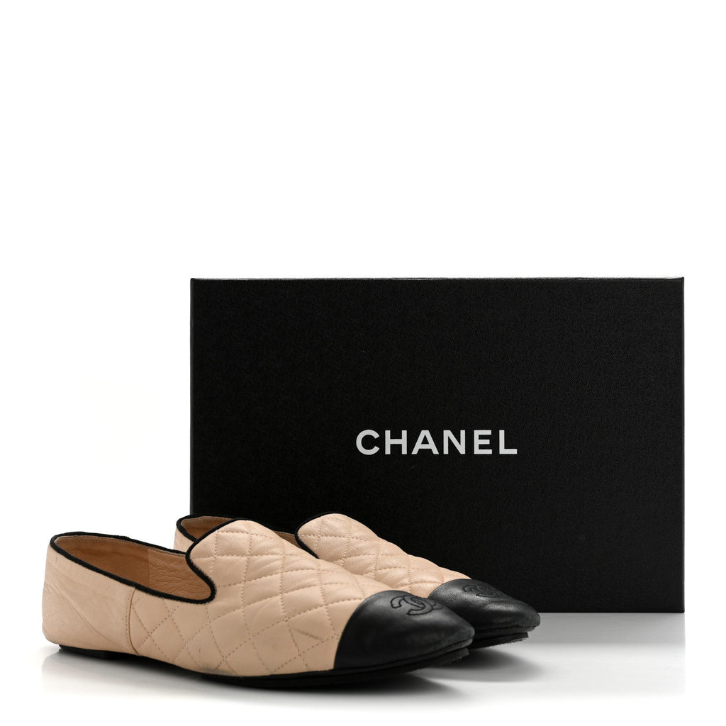 Lambskin Quilted Cap Toe Slipper With Pouch 39 Beige Black