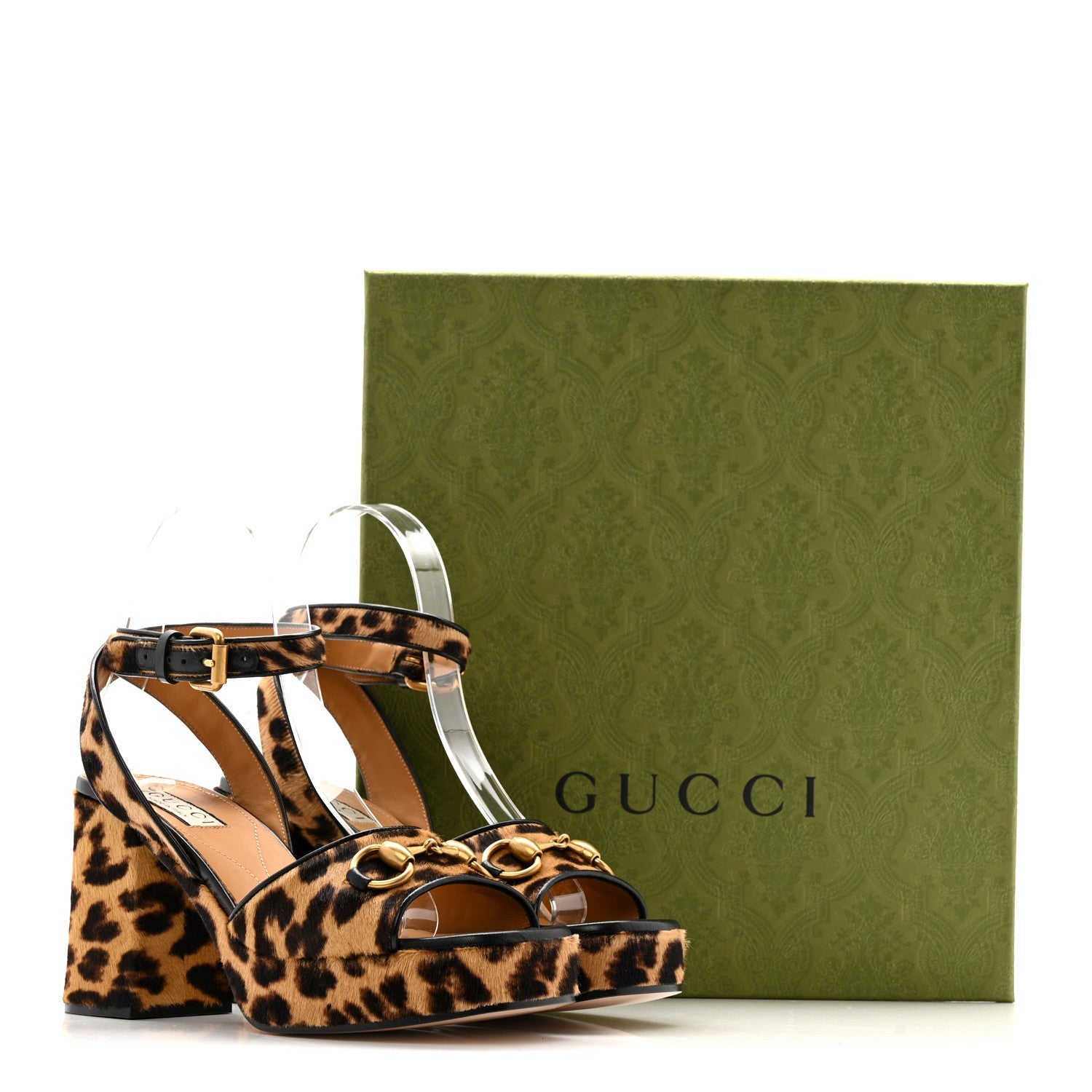 Gucci Calf Hair Leopard Print Horsebit 25/60mm Platform Sandals 36.5 Hazelnut Black